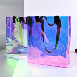 Laser pvc tote bag transparent colorful gift shopping advertising rainbow film pvc bag