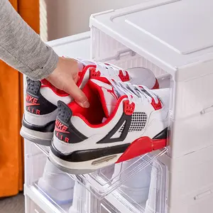 Toptan şeffaf plastik Sneaker istiflenebilir ayakkabı saklama kutuları çekmece tipi manyetik temiz ayakkabı kutu