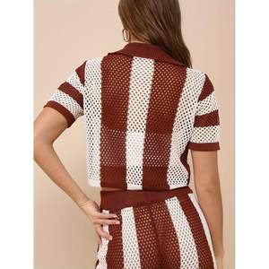 Conjunto de Dos Piezas de Crochet Personalizado 2026 para Mujer, Pantalones de Malla a Rayas, Atuendo de Playa de Verano, Transpirable, con Diseño Calado, Ropa de Moda - Product Image 2