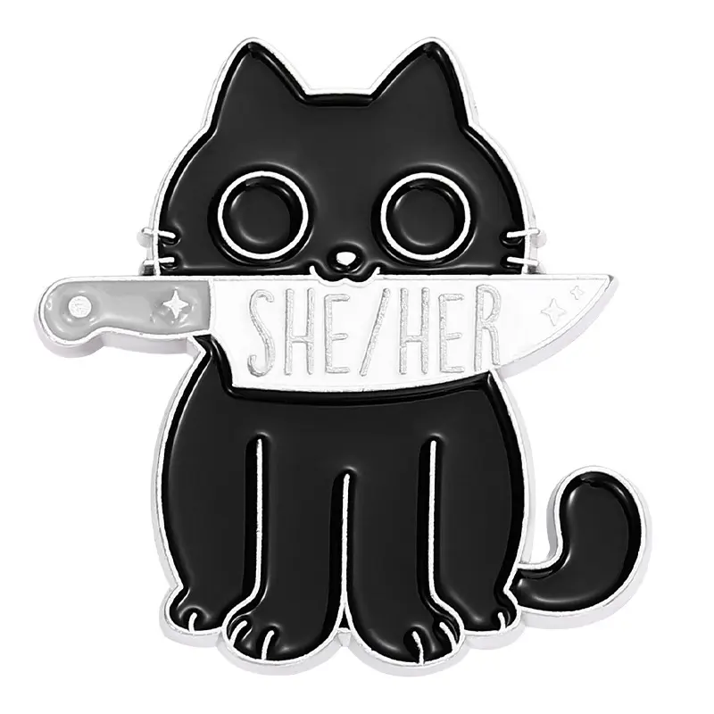 Metal Pin Cartoon Black Cat Biting Knife High Quality Wholesale Factory Custom Metal Soft Hard Enamel Badge Coin Lapel Pin