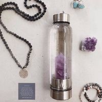 Bouteille d'eau personnalisée en verre avec couvercle en bambou et pierres précieuses, logo personnalisé, emballage, capacité 450 ml/550 ml, style moderne et luxueux
