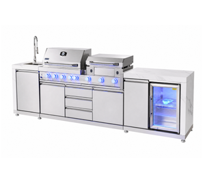 Îlot de cuisine extérieur multifonction luxueux en acier inoxydable avec barbecue à gaz, friteuse à air et grand <span class=keywords><strong>meuble</strong></span> avec réfrigérateur - Product Image 1