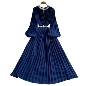 Robes d'été <span class=keywords><strong>élégante</strong></span>s pour femmes manches lanterne mode tempérament taille jupe longue plissée rétro grande balançoire robe à col rond - Product Image 5
