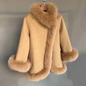 Winter Kasjmier Poncho Met Echte Vossenbont Kraag Manchetten Vrouwen Wollen Jas Bont <span class=keywords><strong>Cape</strong></span> Voor Dames - Product Image 2