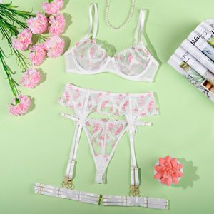 Ensemble de Lingerie 4 Pièces Sexy en Dentelle Transparente avec Bretelles de Jarretière 3D, Motifs Papillon et Cœur, Lingerie Assortie, Contrôle Moyen - Product Image 5