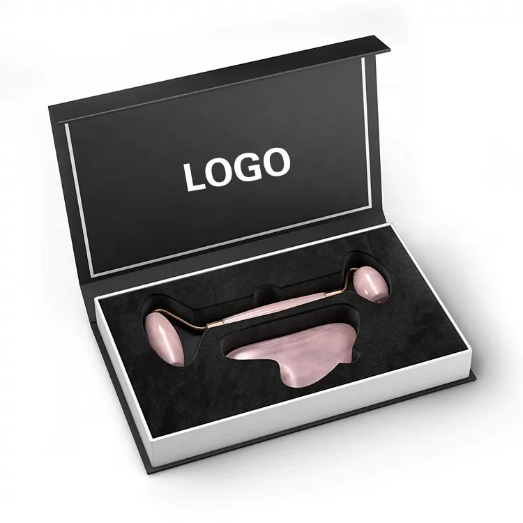 Penjualan Laris Pabrikan Set Logo Kustom Pijat Gua Sha Batu Kristal Pink Rose Quartz Wajah Jade Roller dengan Batu Alam