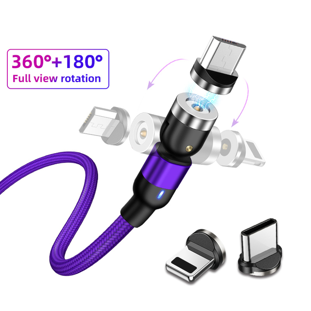 A-BST on Stock 1m 3.3ft 2m 6.6ft Magnetic Phone Charger Cable 540 Degree 3 in 1 Led Magnetic Usb Cable Black Red Purple