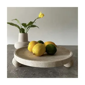 Bespoke Natural Travertine Marble Round Tray With Legs Or Ball Feet Restaurant Supply Serving Tray Marble Tray