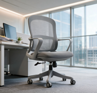 Chaise de bureau ergonomique en maille grise, pivotante et réglable, avec accoudoirs fixes