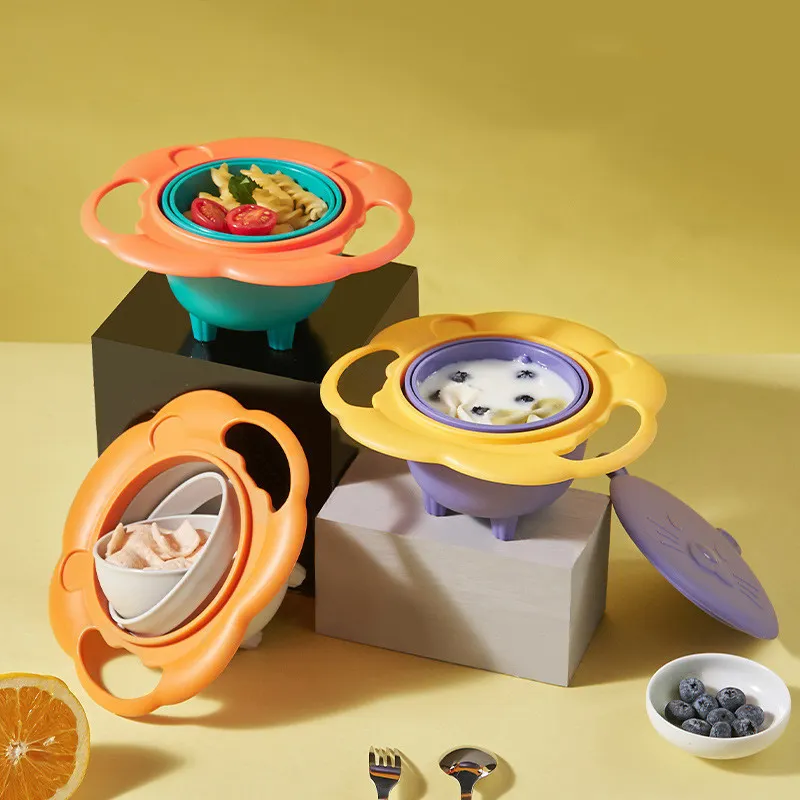 Mangkuk Gyro bebas BPA, peralatan makan bayi Anti tumpah 360 Universal putar untuk anak-anak