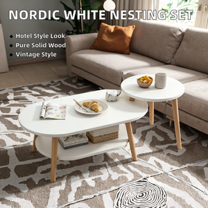 Nordic White Contemporary Solid <b>Wood</b> Nesting <b>Coffee</b> <b>Table</b> Set 2-Piece Oval & <b>Round</b> Side <b>Tables</b> - Product Image 2
