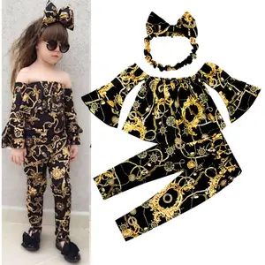 Boutique Spring Autumn 2-7year Luxurious Printing Ruffles Long Sleeve Tops Trousers Pants Kids Clothes Set Children Outfits