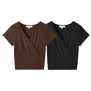 Blusa Elegante y Entallada, 95% Algodón, 5% Elastano, Transpirable, Cuello en V, Plisada, Corta, para Mujer, Producto de Verano para Vacaciones - Product Image 3