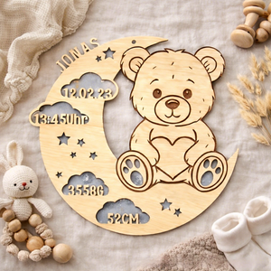 Pendentif Plaque Commémorative en Bois Ourson Lune pour Naissance Bébé, Décoration Nouveau-né Découpée au Laser, Plaque Nominative Baptême, Ornement <span class=keywords><strong>de</strong></span> Bureau - Product Image 5