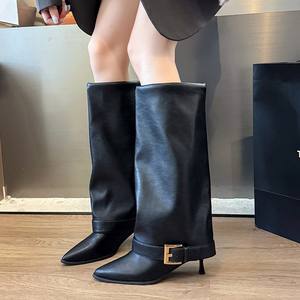 <span class=keywords><strong>Bottes</strong></span> <span class=keywords><strong>cuissardes</strong></span> en cuir noir à <span class=keywords><strong>talon</strong></span> aiguille et bout pointu pour femme, nouvelle collection automne-hiver 2026 - Product Image 4