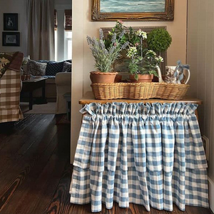 Falda de Mesa Moderna 100% Lino con Diseño de Cuadros |   Funda <span class=keywords><strong>para</strong></span> Mueble de Estilo Rústico con Elegante Diseño de Volantes - Product Image 4