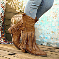 Bottes pour femmes mi-mollet en cuir PU, style western, à pampilles, bout large pointu, style européen et américain, automne-hiver