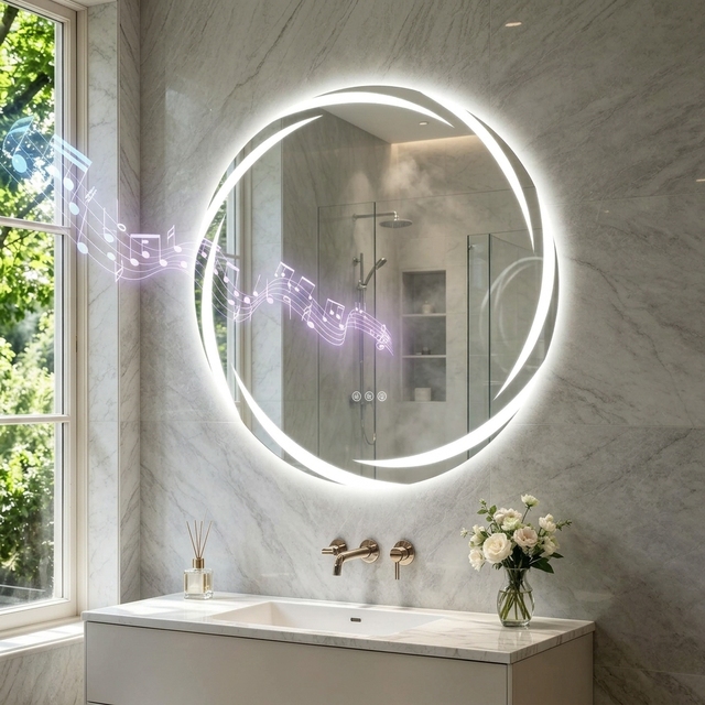 Frameless Smart Mirror LED Wall Mirror Circle Bluetooth Speakers Front-Lit Defogger Dimming 3 Color Lights for Bathroom Vanity