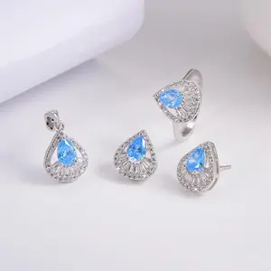 Spot New Products Fashion Three-piece Jewelry Silver 925 Blue Gemstone Cubic Zirconia Jewelry Set For Women