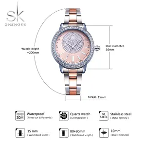Shengke Luxe Dames Quartz Horloges K0075L Vrouw Horloge Roestvrij Stalen Armband Black Rose Goud Vrouwelijke Relojes Mujer