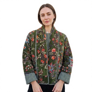 Blazer acolchado de terciopelo con estampado floral para mujer, cuello mandarín, manga larga, ropa de abrigo de otoño, regalo para ella - Product Image 1