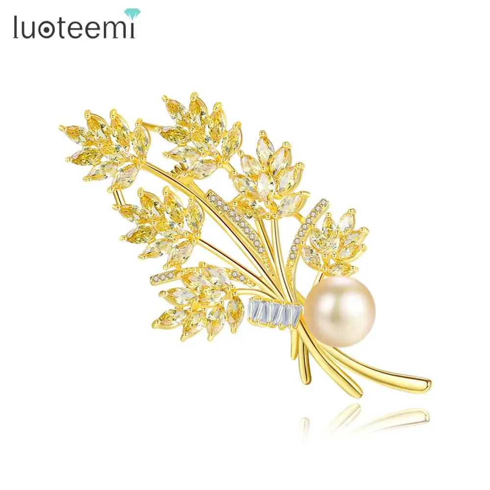 LUOTEEMI Luxury Christmas Women Elegant Brooch Gold Plated, Yellow Cubic Zirconia Brooches