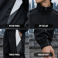 Ensemble de survêtement sportif automne en nylon noir personnalisé 240 GSM avec veste zippée, col montant, taille élastique, cordon de serrage et panneaux réfléchissants