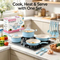 Set Peralatan Masak Granit Anti Lengket 13 Buah Desain Baru, Set Panci dan Wajan Aluminium dengan Tutup Kaca, Kompatibel Induksi, Set Peralatan Masak Hadiah
