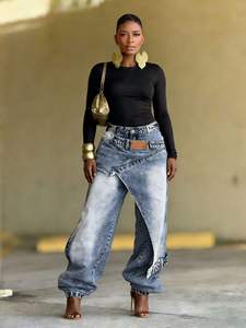 Pantalones <span class=keywords><strong>Vaqueros</strong></span> de Pierna Ancha de Corte Recto y Cintura Media, Lavados, Estilo Urbano, con Parches Asimétricos, <span class=keywords><strong>Vaqueros</strong></span> Casuales para <span class=keywords><strong>Mujer</strong></span> - Product Image 3