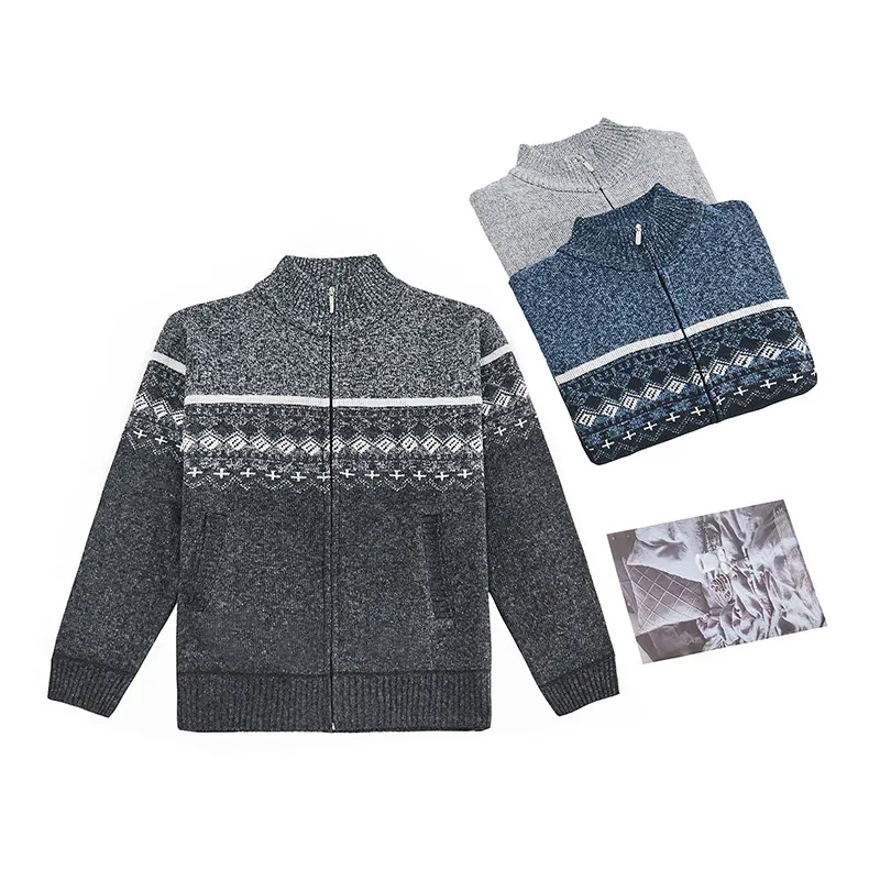 2023 OEM ODM Autumn plush thickened sweater middle-aged men stand collar color contrast vintage jacquard knitted cardigan