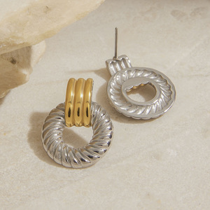 Boucles d'oreilles pendantes à vis en acier inoxydable bicolore or et argent, bijoux géométriques tendance - Product Image 3