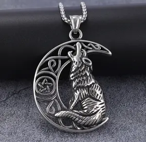 Personalized Wolf Howling Moon Necklace Retro Hand Crafted Stainless Steel Half Moon Half Wolf Pendants Norse Viking Jewelry
