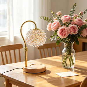 Crystal Dandelion <b>Table</b> Lamp Brass Stem Wood Base E26 <b>LED</b> 2700K Warm <b>Light</b> Modern Black Shade Eco-Friendly for Bedroom Decor - Product Image 1