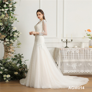 5866-XUJO-Tulle Dentelle Semi-transparente Col en V Longue traîne Robes de mariée <span class=keywords><strong>Robe</strong></span> de mariée en ligne A avec manches - Product Image 4