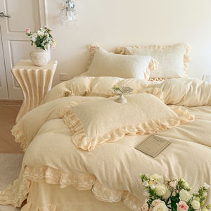 ชุดผ้าทอลายลูกไม้สีทึบชุดผ้ากำมะหยี่นม4ชิ้นสำหรับเด็กผู้หญิงเจ้าหญิงสีชมพูขอบใบบัวชุดสี่ชิ้น - Product Image 4