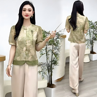 Ensemble pantalon et haut pour femme, style chinois, boutons grenouille, imprimé, haut à volants, pantalon large, vente en gros Chine