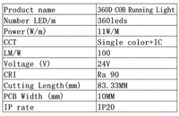 Bande LED COB en gros 2000K/4000K/6000K 360 LED/m 10mm 24V 11W IP20 pour la décoration commerciale et résidentielle