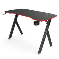 Table de jeu Wquantum, style course automobile, design e-sport, bureau gamer en forme de Y avec cadre métallique et surface en bois, porte-gobelet