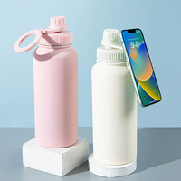 Botella de Agua con Aislamiento de Doble Pared de Acero Inoxidable, Tapa Magnética con Soporte para Teléfono Móvil, Asa, 6-12 Horas de Aislamiento Térmico, LED