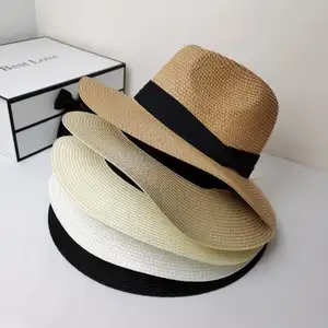 Custom Logo Men's Paper Straw Hat Summer Beach Sun Wide Bri Panama Women Straw Hat