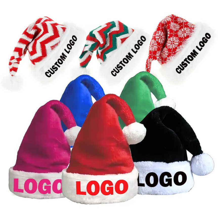 Benutzer definierte personal isierte Add Name Weihnachts mütze Cap Pom-Pom Print Stickerei Logo Warm Velvet Schwarz Blau Rot Grün Winter Santa Hats