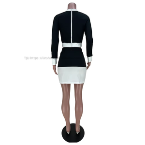 Conjunto de 2 Piezas para Mujer, Top con Botones en Blanco y Negro y Cuello Redondo, Falda Corta, Moda - Product Image 5