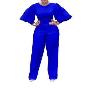 Women Lady Long Puff Sleeve Jumpsuits Straight Long Pants Autumn Solid Color Africa One Piece Casual Jumpsuit