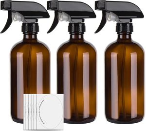 Flacon pulvérisateur en verre Boston rond givré de 500 ml, rechargeable, pour désodorisant, ambre mat, avec manchon en silicone et pulvérisateur à gâchette - Product Image 1