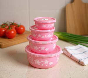 Contenitori in Plastica con Coperchi 300 Ml 550 Ml 900 Ml 1,5 L Impilabili Design Floreale per Conservazione e Uso in Cucina - Product Image 2