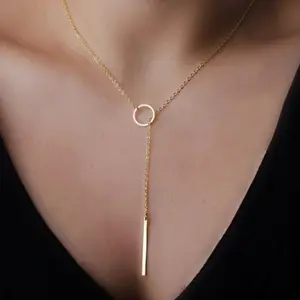 14K Gold Engraved Bar Necklace Open Circle Y Necklace Vertical Bar Looped Long Bar Pendant Necklace