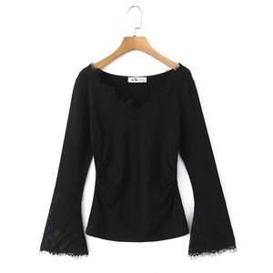 <b>Lace</b> Trimmed V Neck Long Sleeve Fitted <b>Top</b> Women Ink <b>Black</b> Cotton Knit Solid Color Plus Size N9059 - Product Image 1