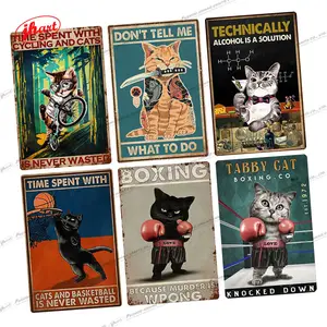 Cartão de metal retrô vintage para uso ao ar livre, advertência para bandeiras de metal vintage, estampa em branco, gato preto, com estampa de metal, imagem em quadrinhos