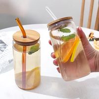 Logo personnalisé 12oz & 16oz en verre borosilicaté avec couvercle en bambou et paille en acier inoxydable pour le vin whisky