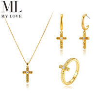 Ensemble de bijoux croix en laiton plaqué or et zircon Mylove, texturé et côtelé, pour mariage religieux, vente en gros, fournisseur en vrac